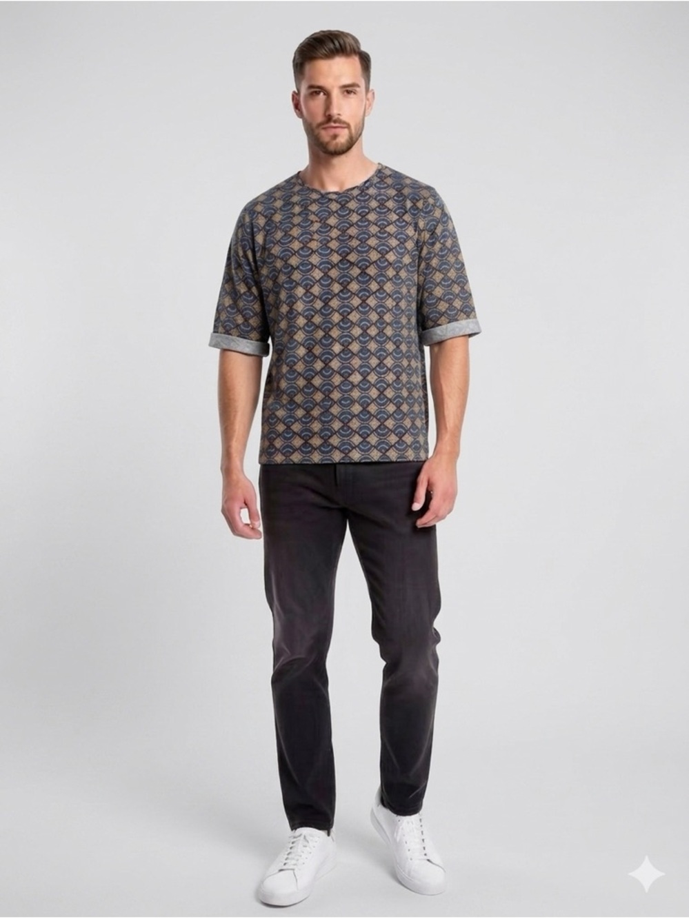 Zara Geometric Short-Sleeve Tee in Tan and Blue